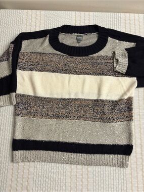 Soho Neutral Striped Crewneck Sweater in Black, Cream & Brown